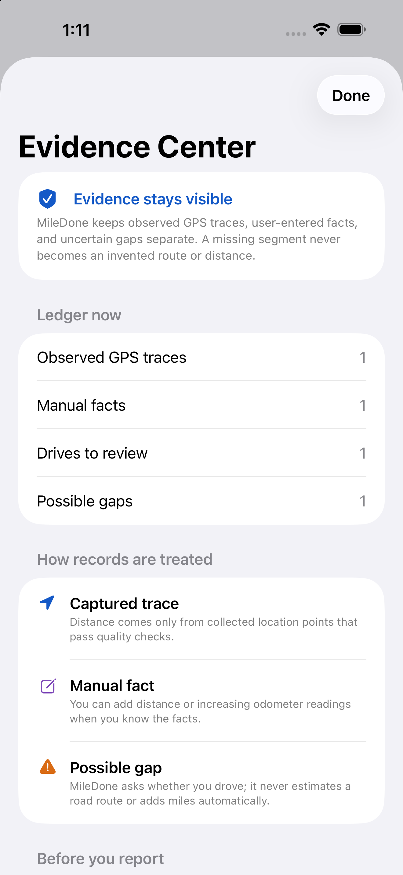 MileDone iPhone Simulator Evidence Center separating GPS observations, manual facts and gaps