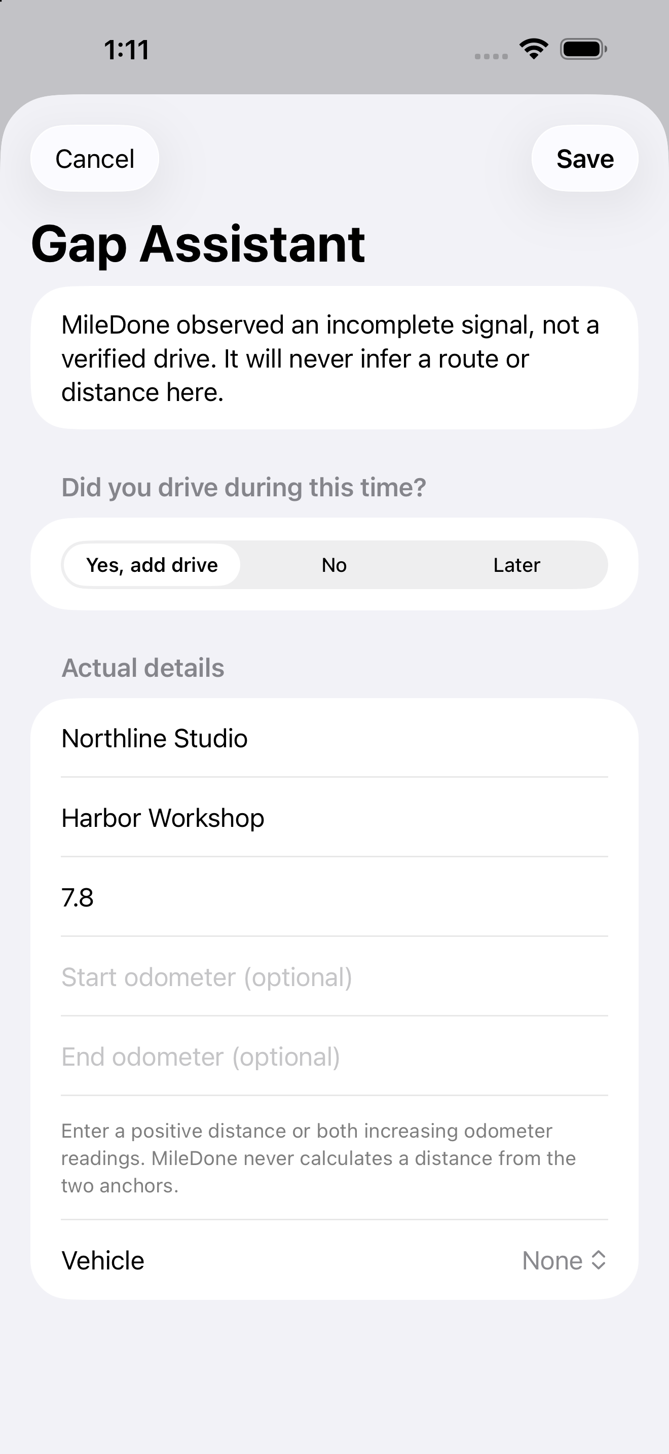 MileDone iPhone Simulator Gap Assistant with a user-entered distance option