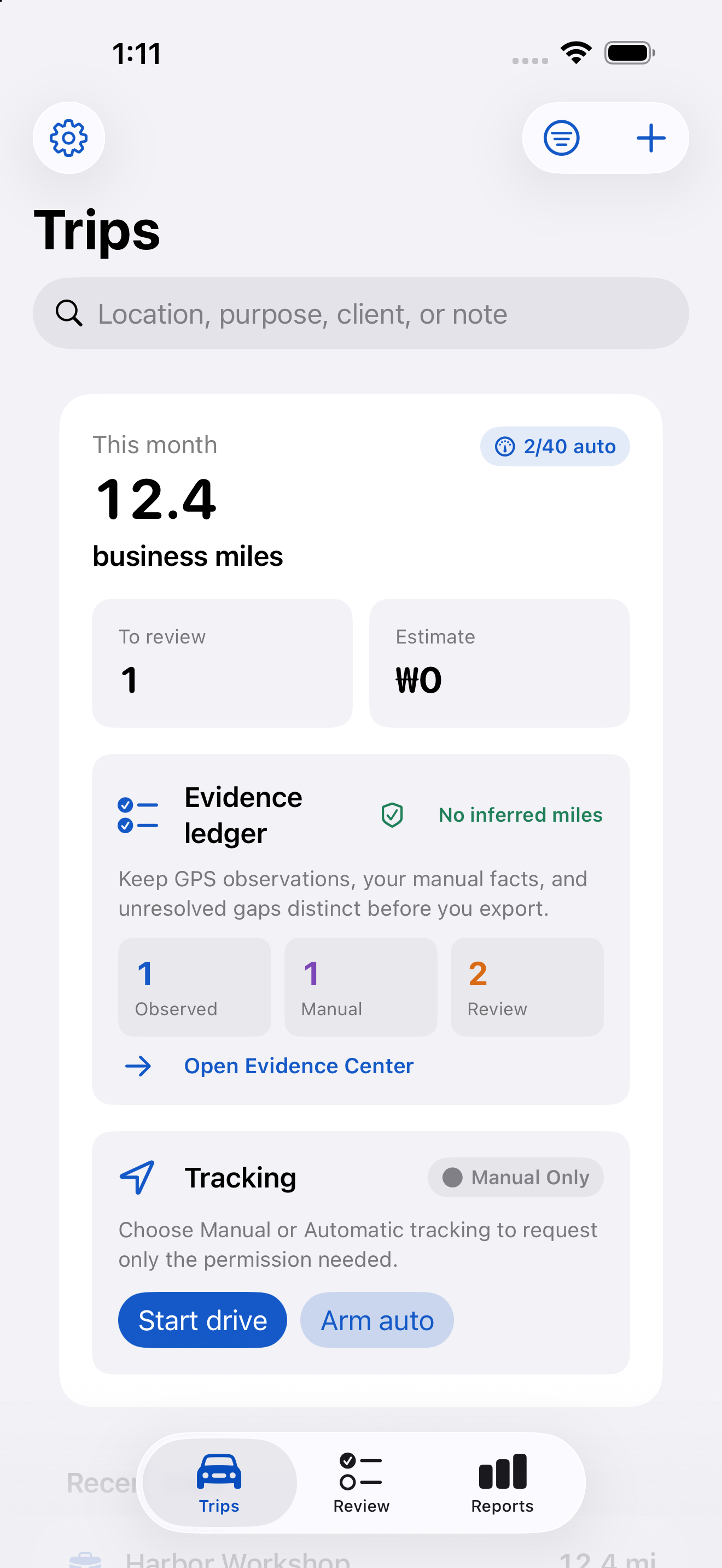 MileDone iPhone Simulator dashboard with monthly work miles and review items