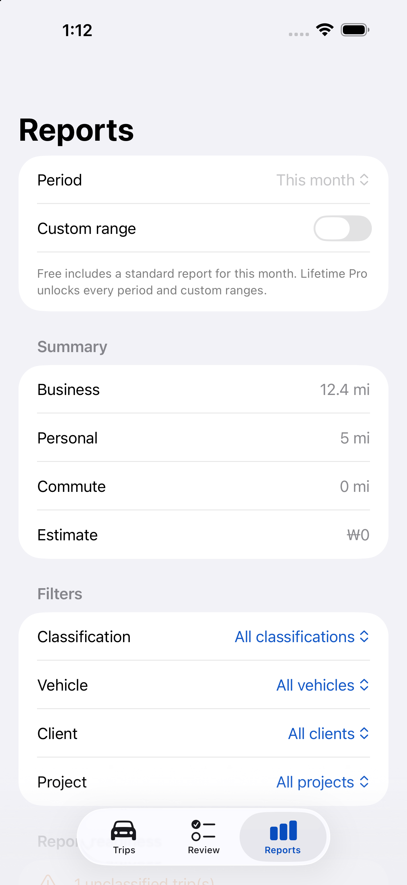 MileDone iPhone Simulator Reports screen with distance totals and report filters
