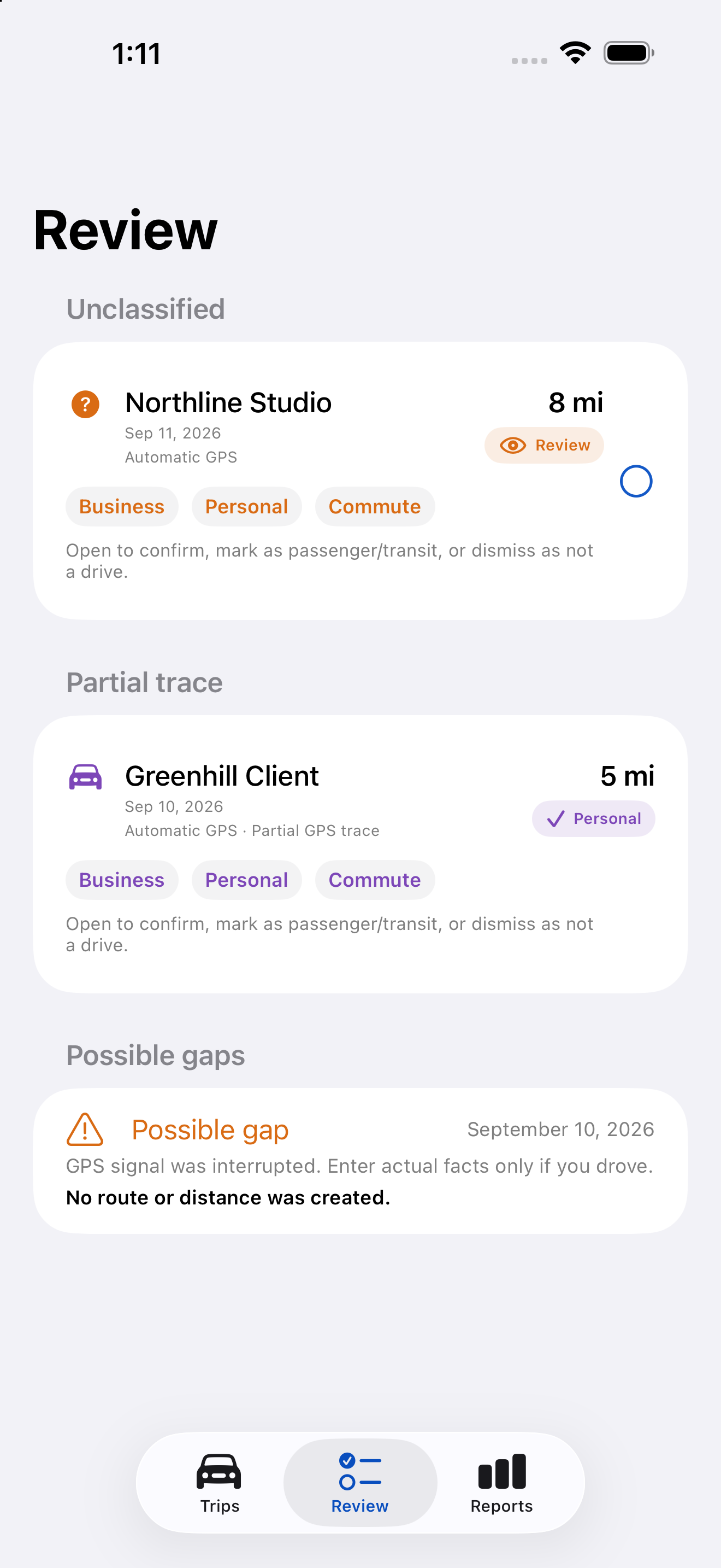 MileDone iPhone Simulator Review screen separating business, personal and commute records