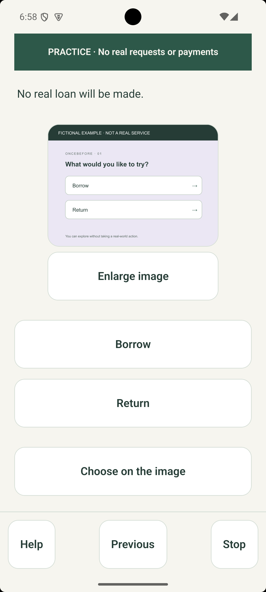 Android practice displaying Borrow and Return as large action buttons.