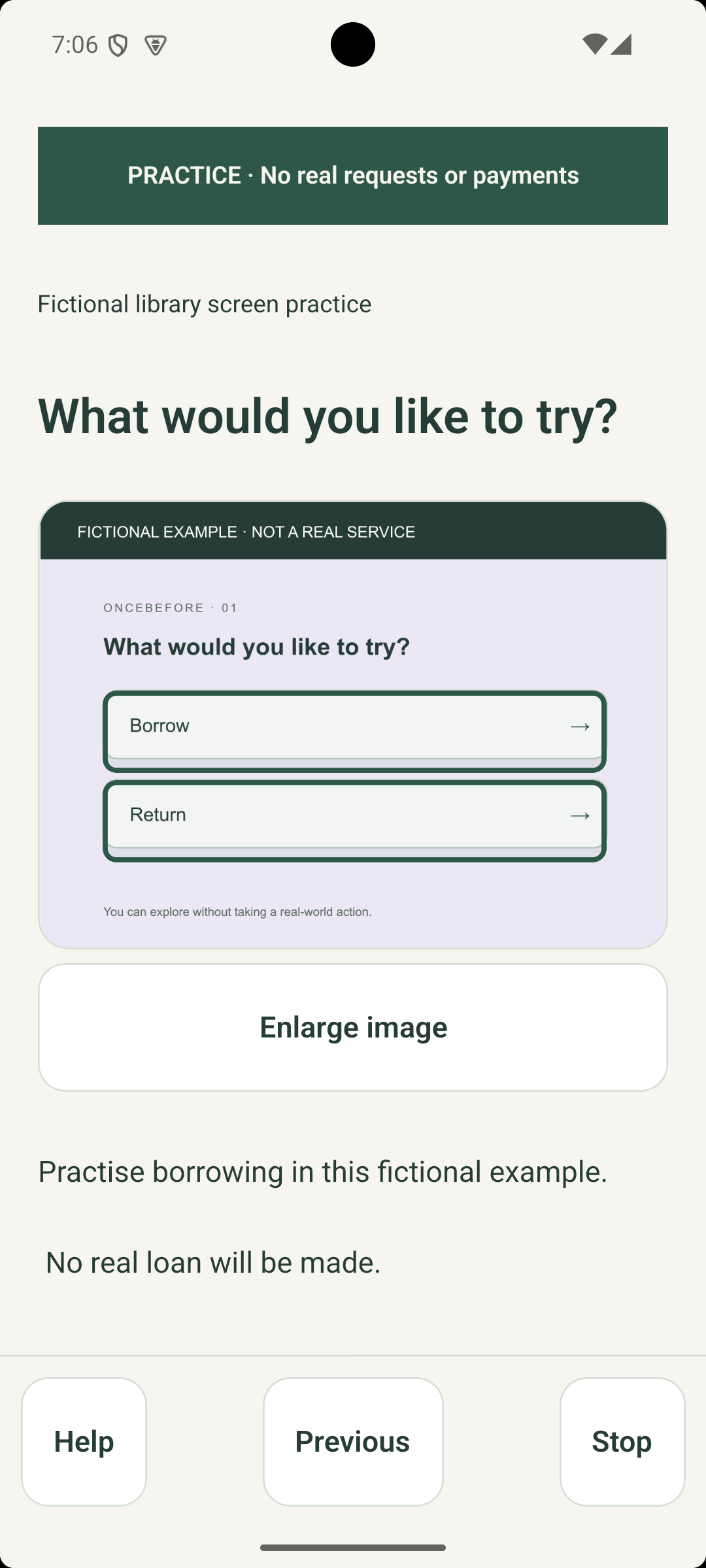 OnceBefore practice screen with visible choices and help controls