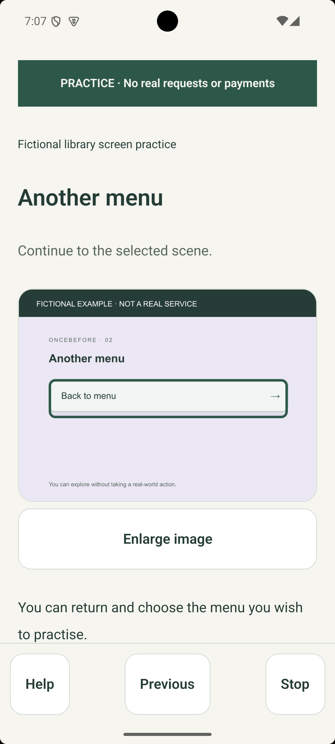 Another menu in the fictional Android library example with a return-to-menu choice and Help, Previous, and Stop.