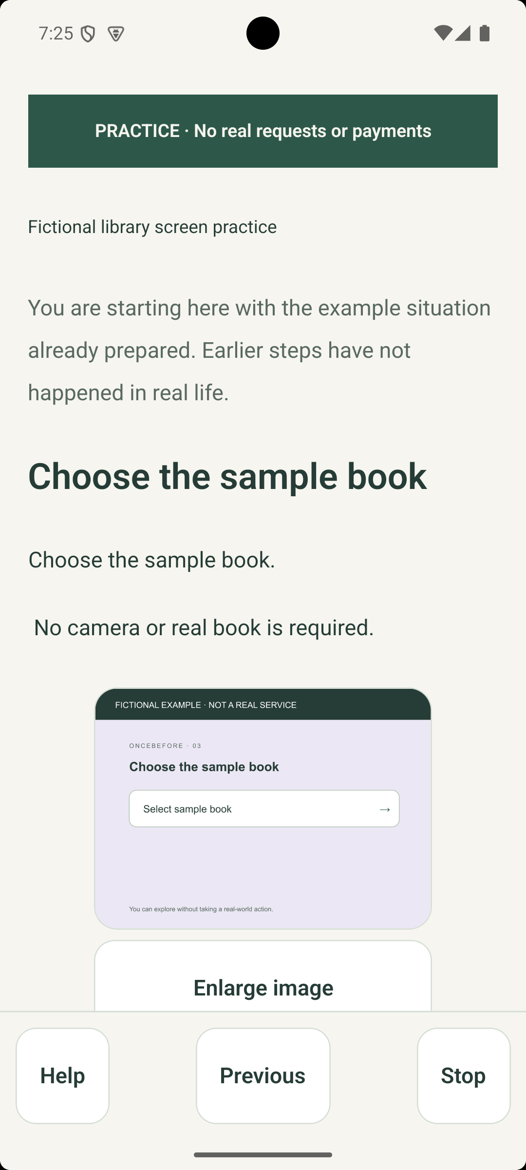 Revisiting the sample-book scene directly in the fictional Android library practice.
