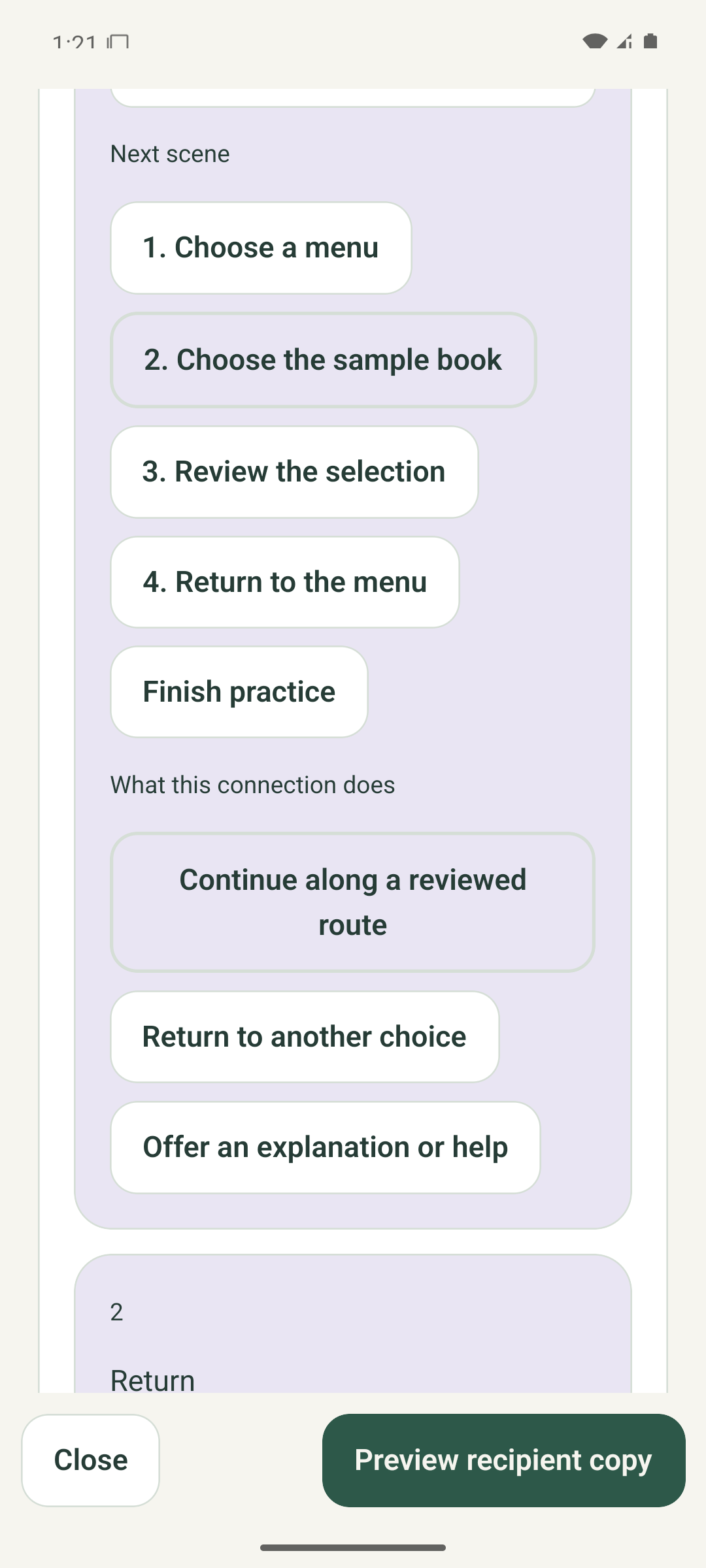 Android Connect and review screen linking Borrow to the second scene and a reviewed-route outcome.