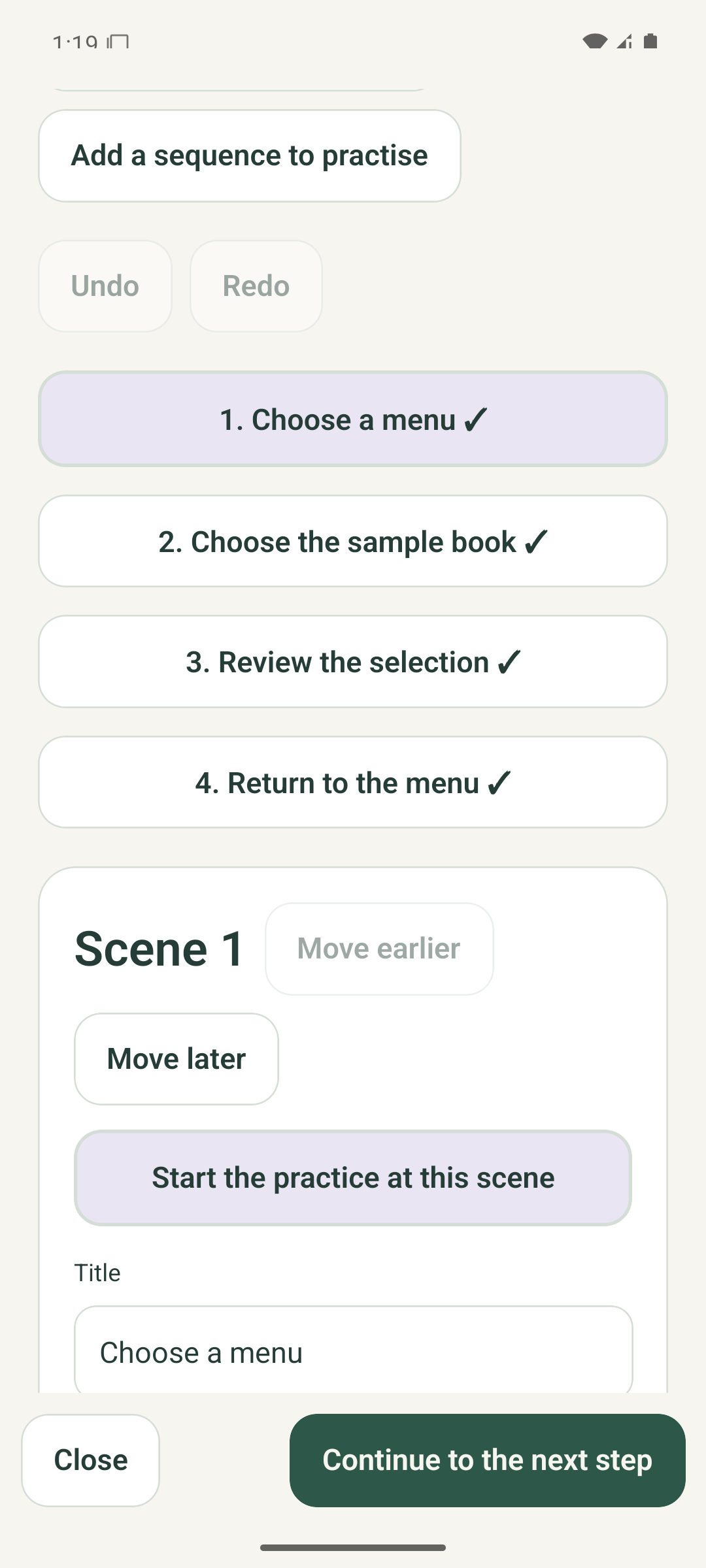 Android Arrange scenes screen listing four authored scenes in the reviewed fictional library project.