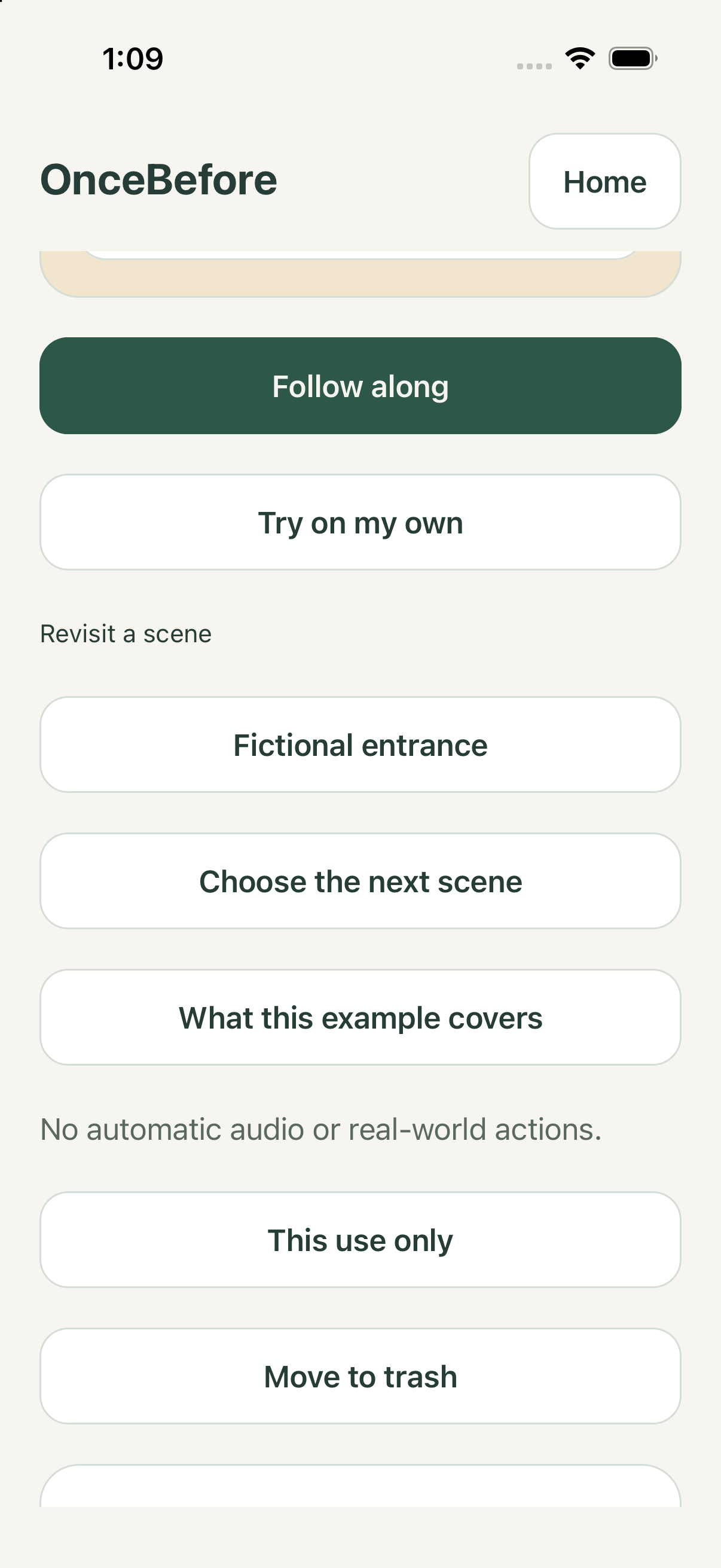 iPhone guidance choices including Follow along, Try on my own, Revisit a scene, and This use only.