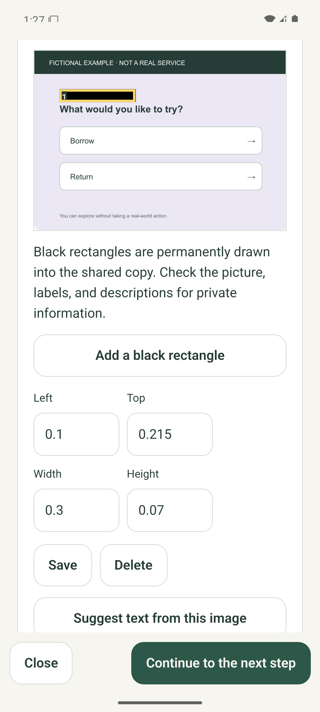 Android privacy-mask editor with a black rectangle selected by a yellow numbered outline over a fictional label.