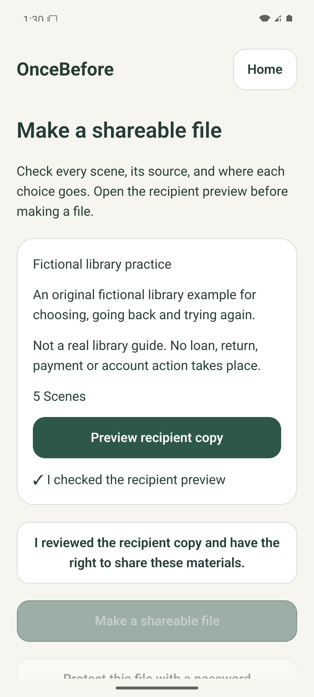 Android share-review screen with recipient preview checked, sharing-rights confirmation unchecked, and file creation disabled.