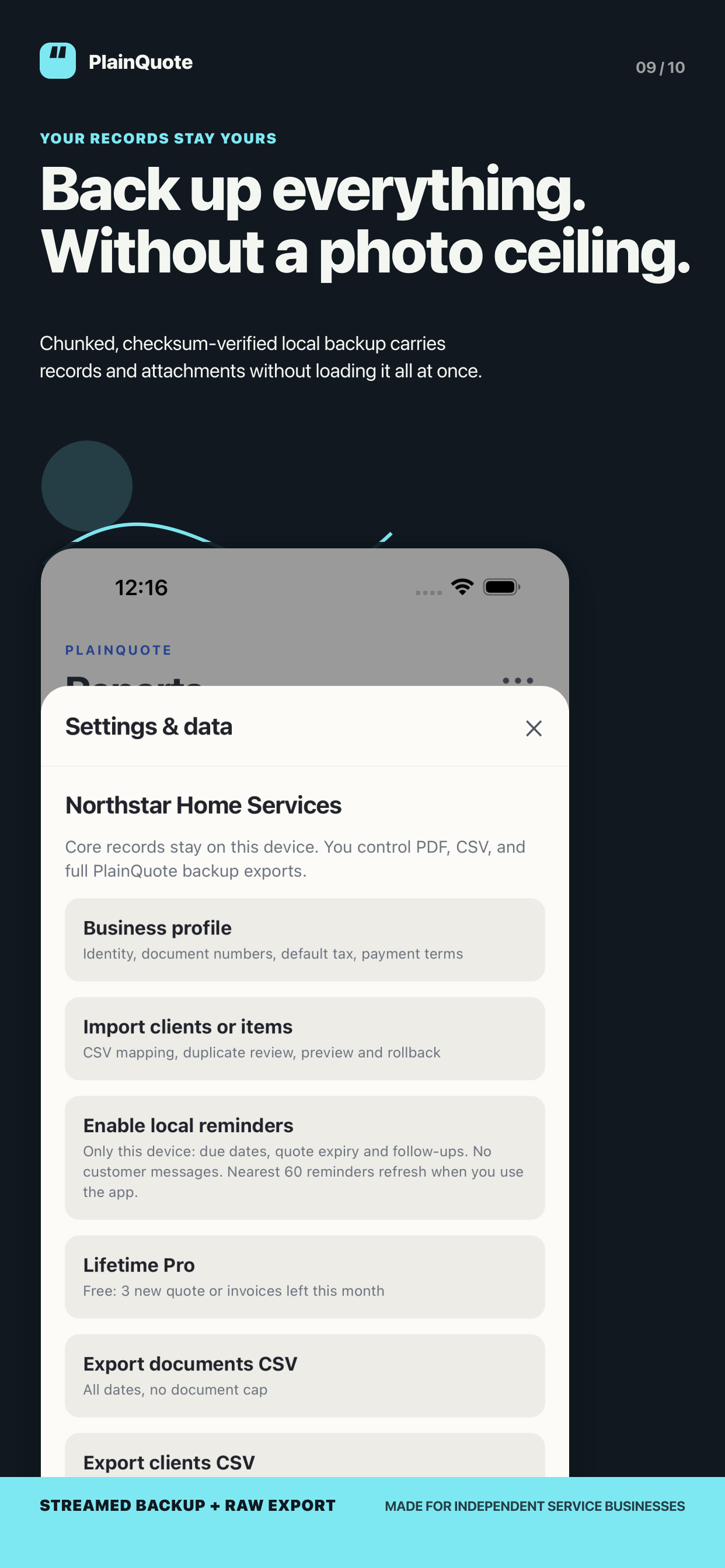 PlainQuote Settings and data screen showing local export options with fictional test data