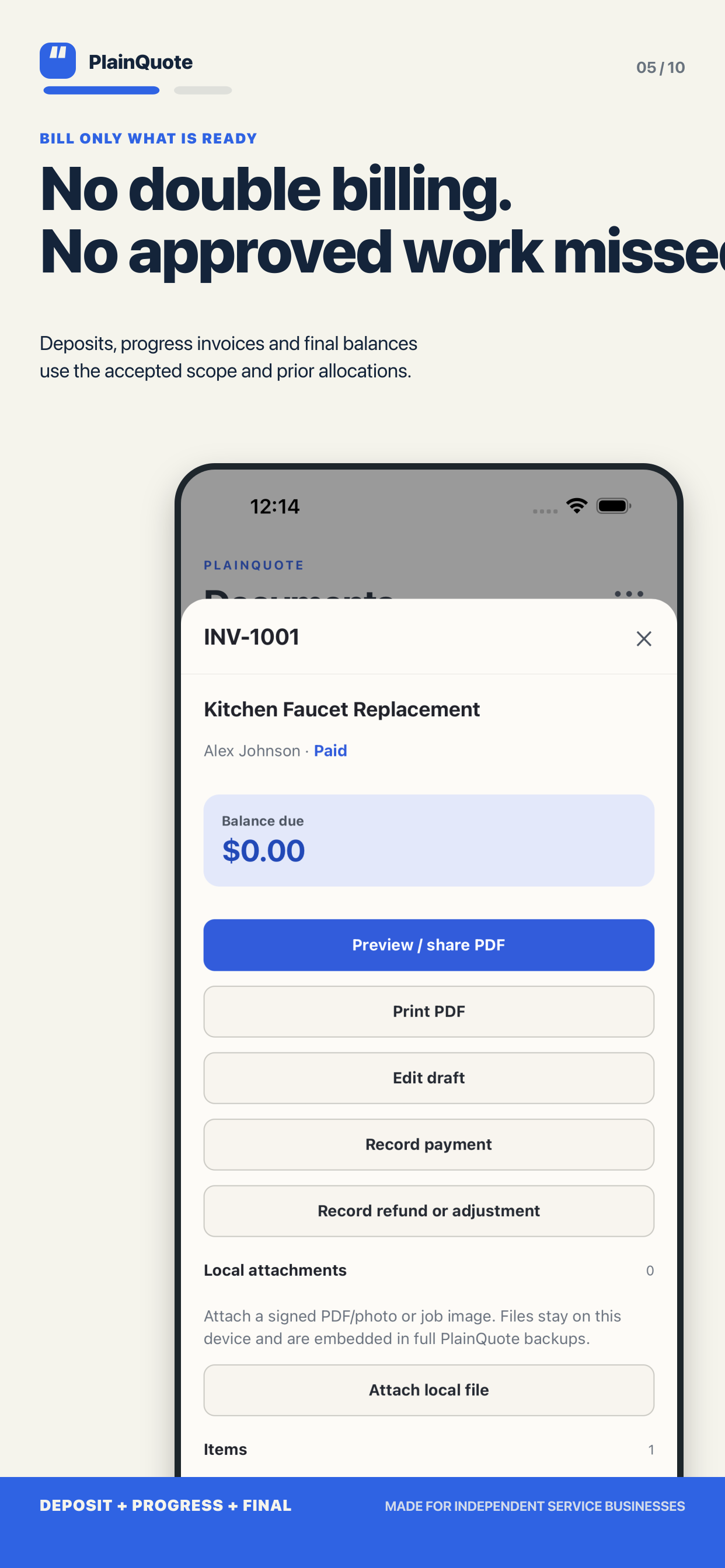 PlainQuote invoice detail with manual payment record actions and fictional test data