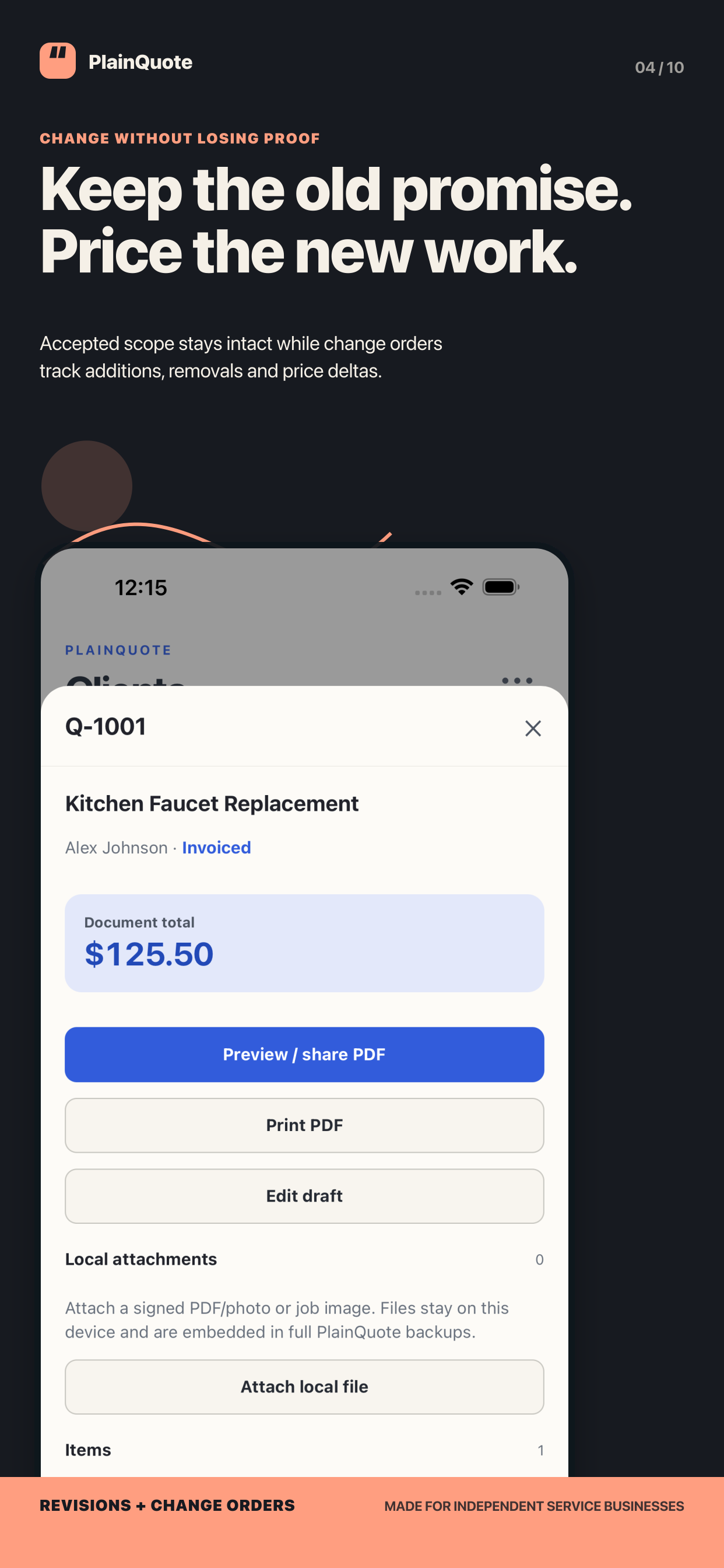 PlainQuote change order and local attachments screen with fictional test data