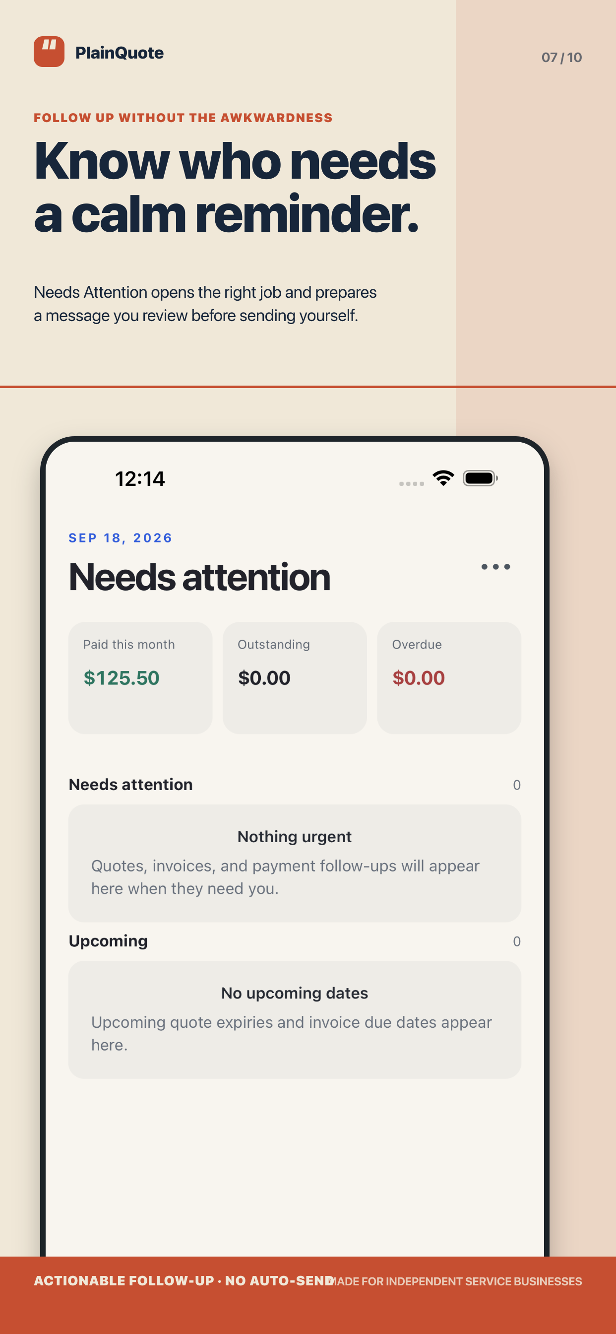 PlainQuote Needs Attention screen with fictional test data