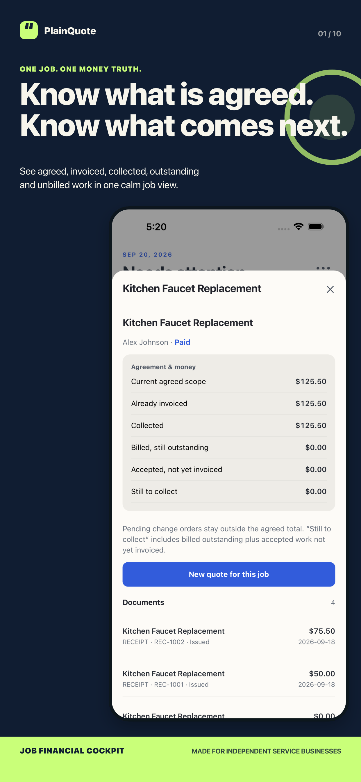 PlainQuote Job detail showing the Agreement and money ledger with fictional test data
