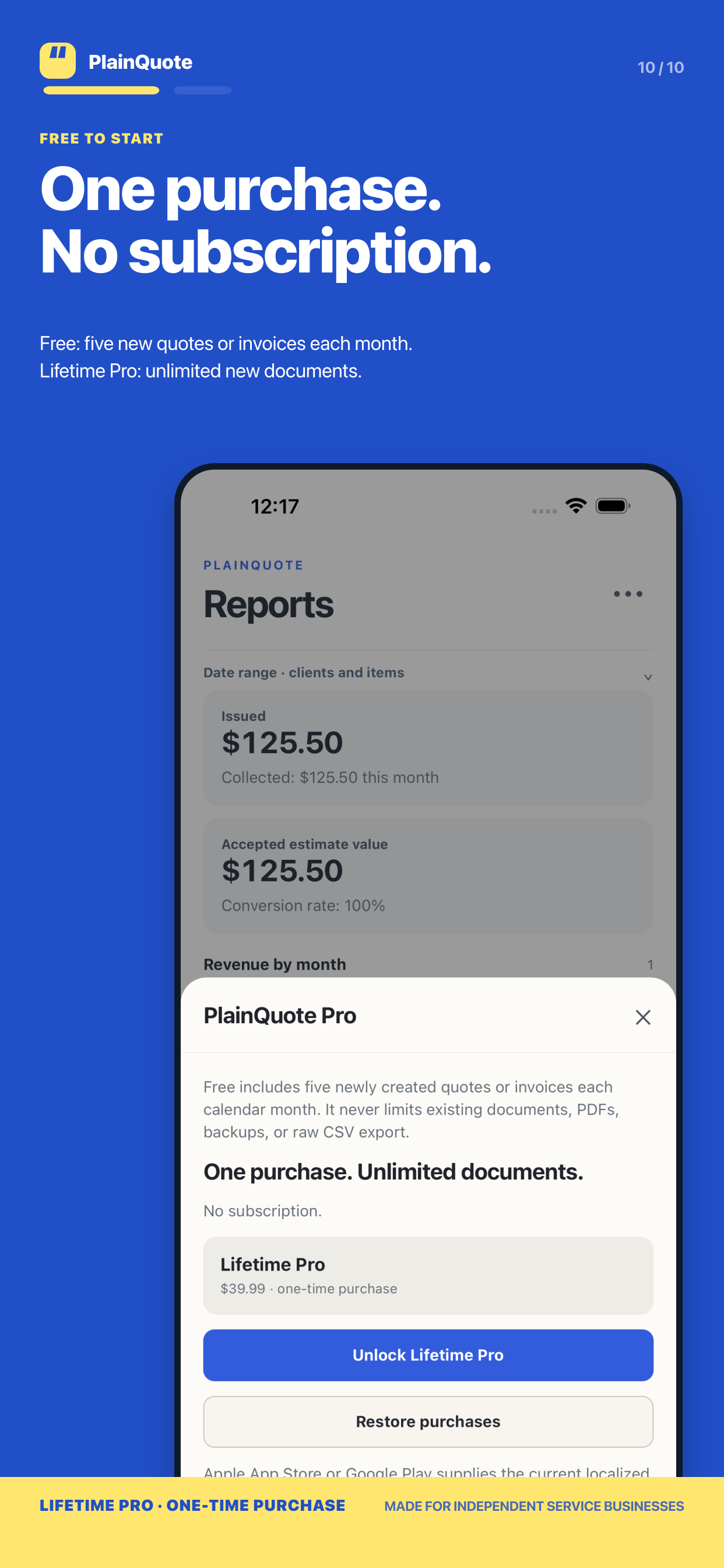 PlainQuote Lifetime Pro purchase sheet with fictional test data