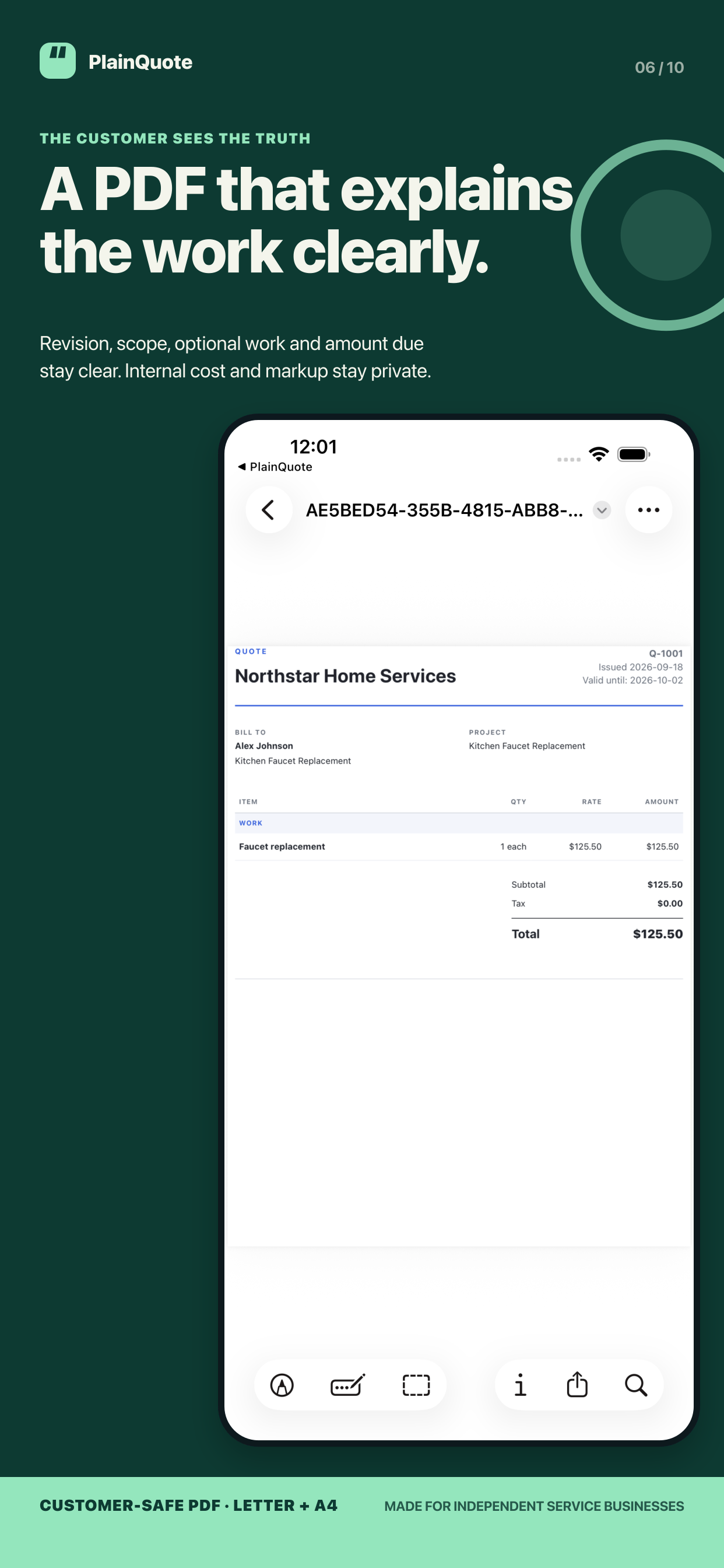 PlainQuote customer PDF preview with fictional test data