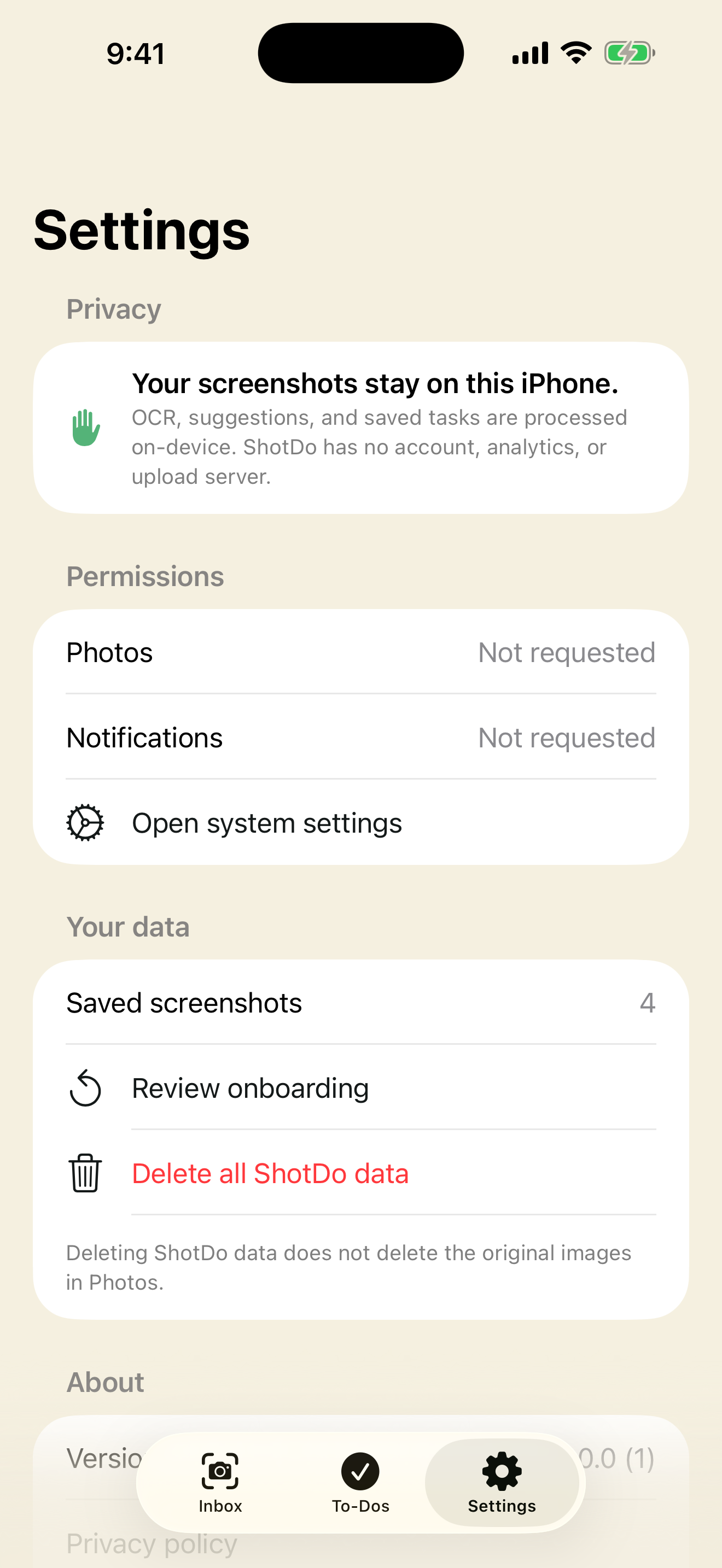 ShotDo Settings showing on-device privacy controls